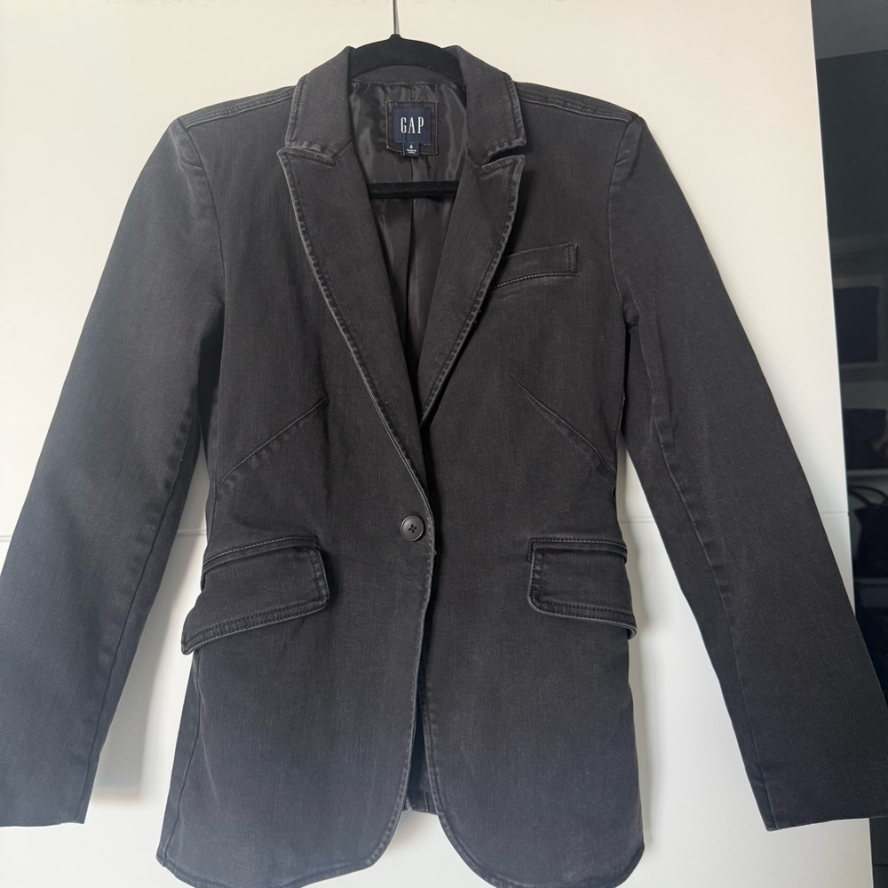 GAP Black denim Single-Button Tailored Blazer - image 2